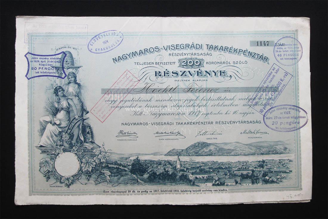 Nagymaros-Visegrádi Takarékpénztár részvény 200 korona 1917
